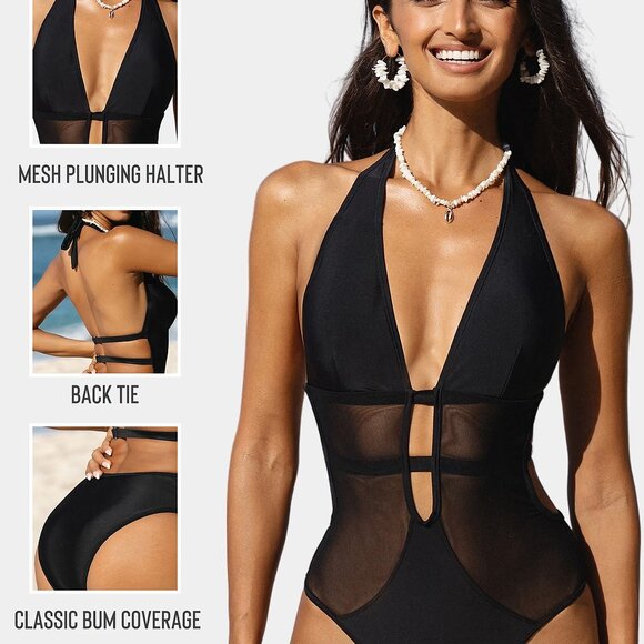 Cupshe Mesh Plunging Halter One Piece Swimsuit Size S | NWT | Black - Picture 2 of 4